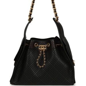 Chanel Small 25 Hobo Bag Black Perforated Calfskin Antique Gold Hardware